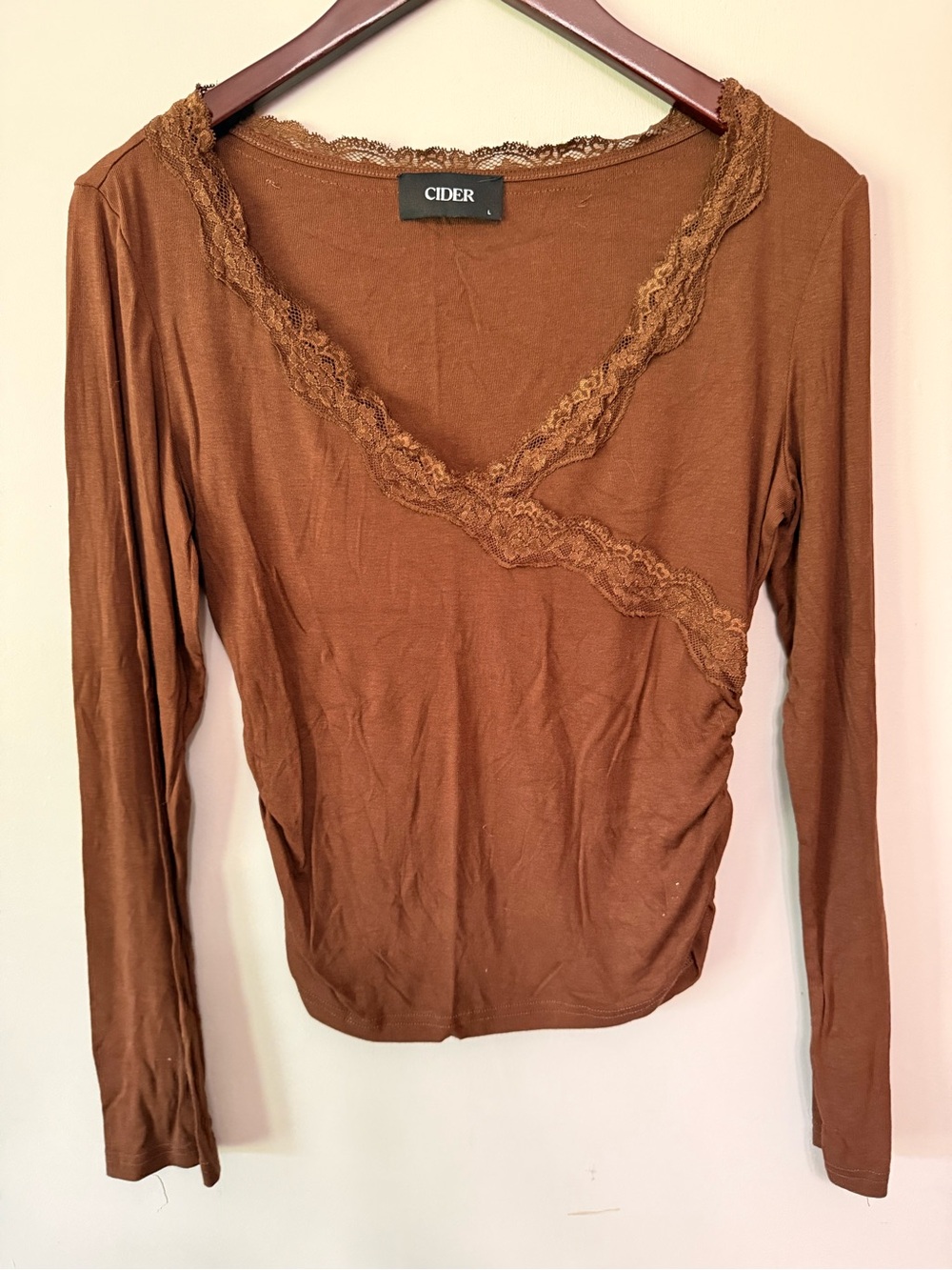 Cider Brown Lace Wrap Long Sleeve Top